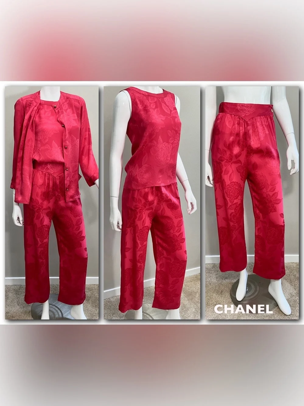 CHANEL Vintage 3 Pc Red Silk Floral Jacquard Pantsuit Set Jacket Top Pants XS/S